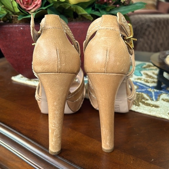 MIU MIU Leather Platform High Heels Neutral Tan Stitched Peep Toe Slingback - Picture 8 of 14